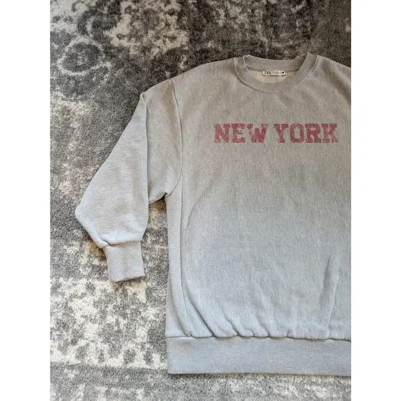 Zara Pullover Sweatshirt NEW YORK Graphic Print - Size Small, Made In Portugal - Picture 2 of 10
